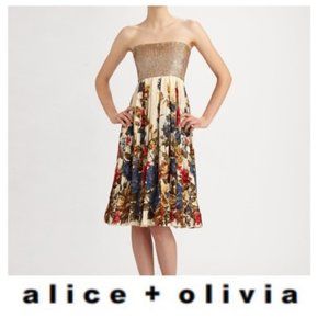 ALICE + OLIVIA Gold Pleated Floral Strapless Dress